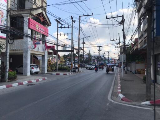 Street view with buildings and power lines