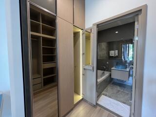 Modern bathroom with mirror and adjacent walk-in closet