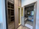 Modern bathroom with mirror and adjacent walk-in closet