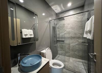 Modern bathroom with a glass shower, toilet, sink, and mirror