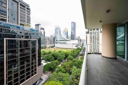 High-rise building balcony with city view