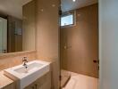 Modern bathroom with sink, mirror, and shower area.