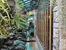 A lush green corridor with plants and a glass ceiling