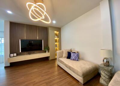 Modern living room with ceiling light, TV, and sofa