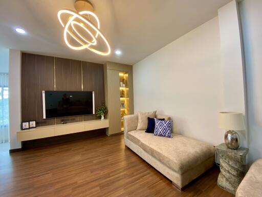 Modern living room with ceiling light, TV, and sofa