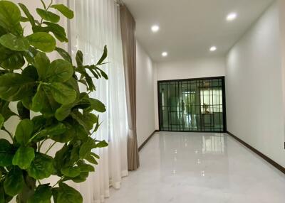 Spacious hallway with large windows and plant decor