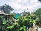 Outdoor area with greenery and small structures