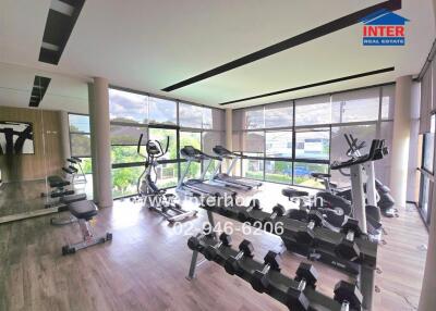 Gym with modern equipment and large windows