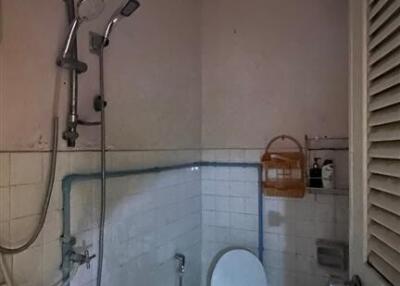 Bathroom with toilet, shower, and tiled walls.