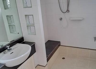 A bathroom featuring a walk-in shower and a countertop sink