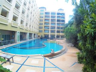 Outdoor pool area in an apartment building