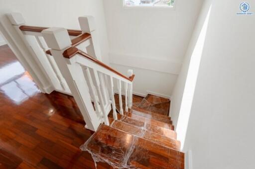 Staircase with wooden steps and white railings