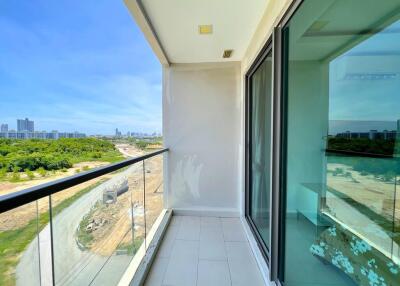 Sunny balcony with city view