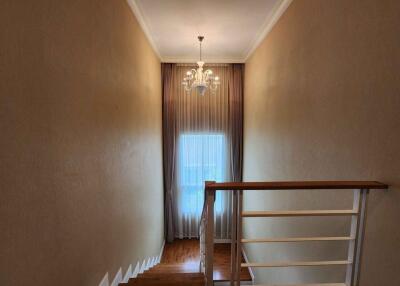 Staircase with chandelier and window