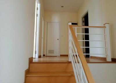 Staircase area with wooden steps and white railing