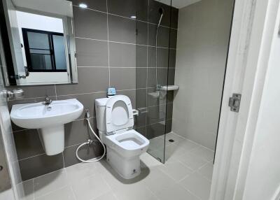 modern bathroom with tiled walls and glass shower partition