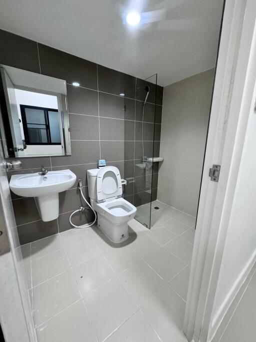 modern bathroom with tiled walls and glass shower partition