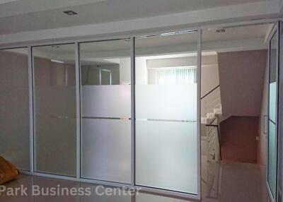 Exterior view of office space with glass walls