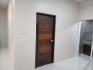 Modern hallway with wooden door and adjacent bathroom