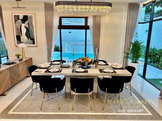 Elegant dining room with pool view