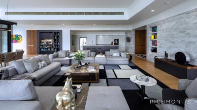 Modern living room with grey sofas and stylish decor