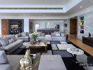 Modern living room with grey sofas and stylish decor