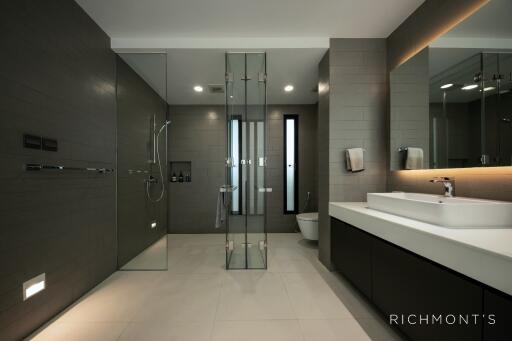 Modern bathroom with glass-enclosed shower and sleek design