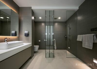 Modern bathroom with glass shower and double sink