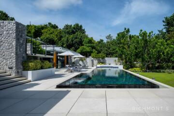 Modern outdoor pool area with surrounding greenery