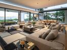 Spacious modern living room with large windows and elegant furniture