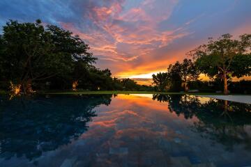 Beautiful sunset view by a poolside