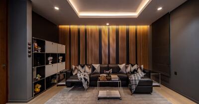 Modern living room with black leather sofa and accent lighting