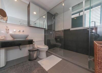 Modern bathroom with glass shower and large mirror