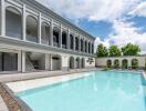 Exterior view of a building with a swimming pool