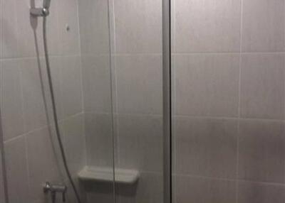 Shower area with glass door and wall-mounted showerhead