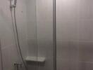 Shower area with glass door and wall-mounted showerhead