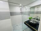 Modern bathroom with glass shower enclosure and vanity sink