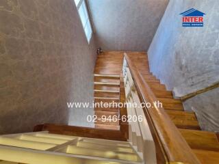 Wooden staircase with patterned wallpaper and a window