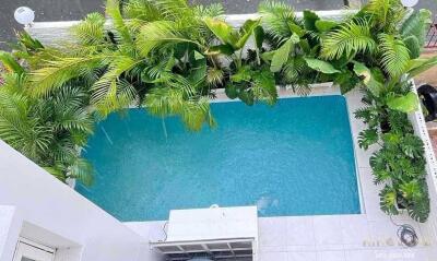 Aerial view of a swimming pool surrounded by lush green plants