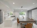 Modern kitchen and dining area with large table and exterior view