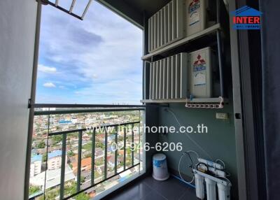 View from balcony with air conditioning units and water filtration system