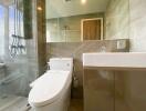 Modern bathroom with glass shower and vanity area