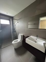 Modern bathroom with large sink, toilet, and shower