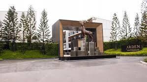 Modern building entrance with deer sculpture