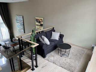 Modern living room with a black sofa, coffee table, and indoor plants