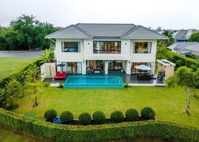 Exterior view of a modern house with a pool