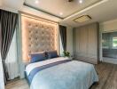 Modern bedroom with stylish lighting and ensuite bathroom