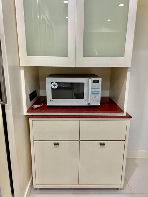 Kitchen area with microwave and storage cabinets