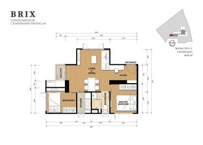 Floor plan of condominium showing layout with living and dining area, bedrooms, balcony, and kitchen