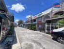 Street view of residential area with colorful townhouses